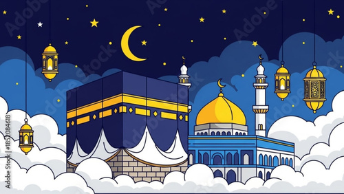 Majestic Night Scene of Kaaba and Mosque with Crescent Moon for Islamic Celebrations