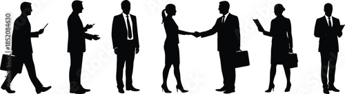 Business people silhouettes standing, walking, talking, shaking hands, holding documents, communicating, working together, corporate teamwork, professional interaction,