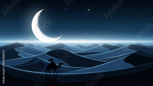 Desert Night Journey Under Crescent Moon Silhouette
