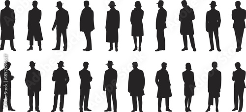 Business people silhouettes, professional men and women, formal wear, standing poses, group diversity, corporate team, leadership, success, teamwork, networking