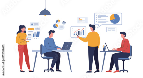 Business team collaborating on a project with charts and laptops in an office setting