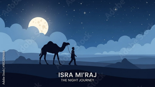 Silhouette of Camel and Figure Traveling Under Full Moon in Desert Night Sky