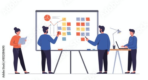 Business team collaborating on a project using a whiteboard and discussing ideas together