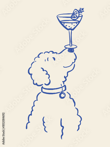 Poodle Balancing Cocktail Glass Doodle Outline Vector Illustration