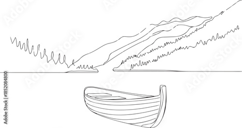 A minimalist illustration depicting a peaceful body of water, a small boat, and a mountain range, popular in vector art for conveying tranquility and nature themes.