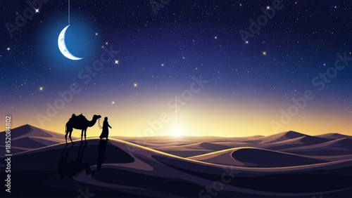 Magical Desert Night Scene with Camel and Crescent Moon on Sand Dunes at Sunrise