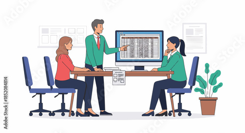 Business team collaborating on a project looking at a spreadsheet on a computer screen