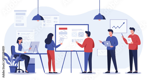 Business team collaborating on a project in a modern office environment with presentations