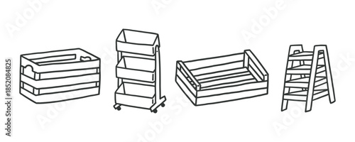 Empty Wood Box Crate Set. Farm Wooden Basket for Fruit and Vegetable. Doodle Vector Illustration