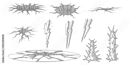 A collection of stylized black and white illustrations featuring game assets like ground cracks and spiky pillars