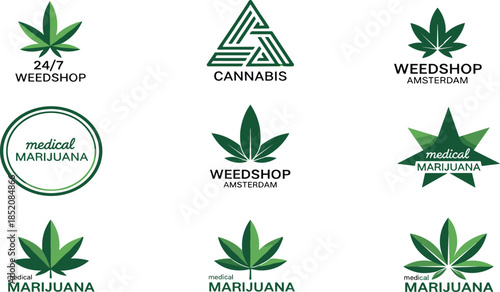 Cannabis logo collection, marijuana branding icons, medical weed shop symbols, hemp leaf emblems, modern cannabis vector set for design