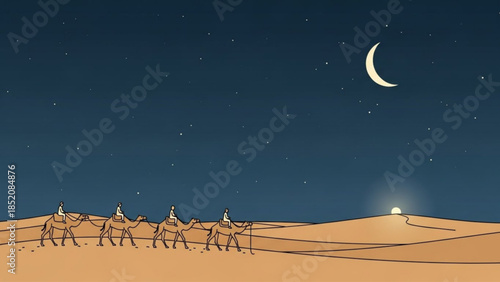 Caravan of Camels Traveling Across Sandy Desert Dunes Under a Starry Night Sky with Crescent Moon
