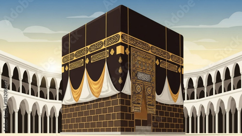 Kaaba Illustration Sacred Black Cube Structure in Mecca Courtyard for Islamic Pilgrimage