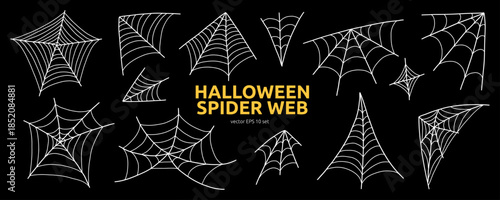 Halloween Spooky Spiderweb Set. Horror Corner Cobweb Line Net Line. Cartoon Vector Illustration