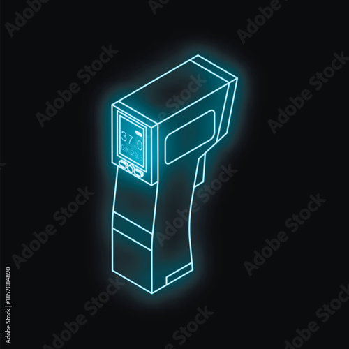 Digital non contact infrared thermometer showing normal body temperature, isometric view on black background