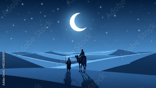 Three Wise Men Journeying Through Desert Under Bright Crescent Moon at Night