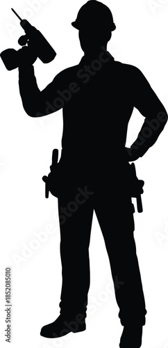 Construction worker silhouette holding drill, tool belt professional, repair technician figure, handyman in helmet, tradesman pose, black vector illustration