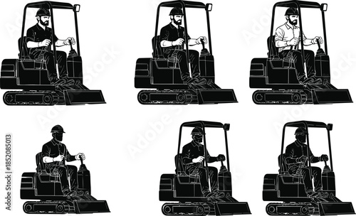 Construction worker operating bulldozer, heavy equipment operator illustration, safety helmet worker, compact dozer driver, black and white technical drawing, training