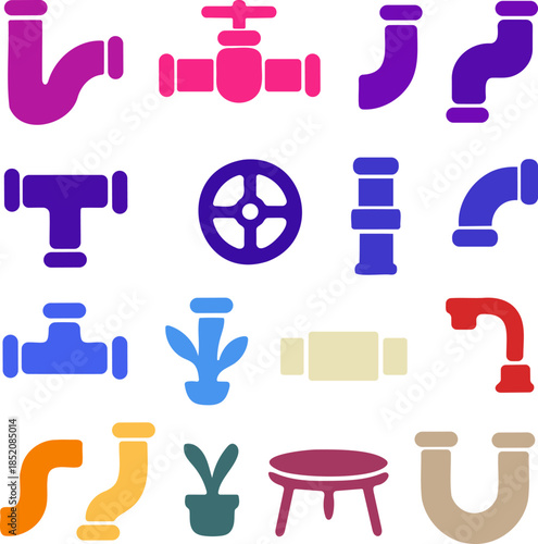 Colorful Vector Plumbing and Pipe Icons Collection for Industrial and Home Repair Designs
