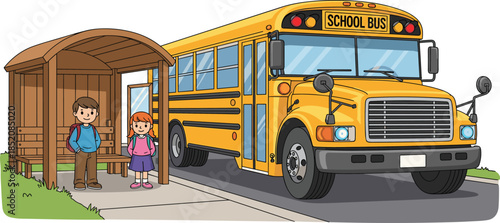 Cartoon School Bus Picking Up Children at Bus Stop Shelter, Colorful Flat Vector Illustration for Education, Transportation, Back to School, and Kids Safety Concepts