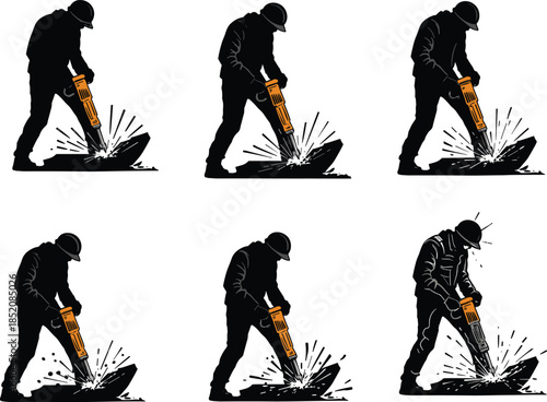 Construction worker silhouette operating jackhammer, industrial labor, road repair, heavy machinery, safety helmet, demolition work, urban infrastructure, power tool action
