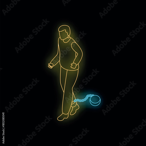 Neon sign of businessman walking with ball and chain attached to his leg, representing burden of debt or financial struggle