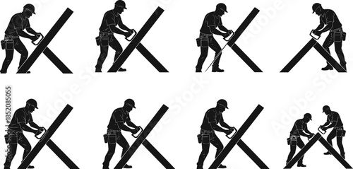 Construction worker silhouette, man sawing wood, carpenter labor, hand saw tool, industrial job, hard hat safety, woodworking, craftsmanship, teamwork, effort