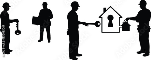 Construction worker silhouettes with house key and lock, home security concept, planning, access control, occupational safety, vector illustration