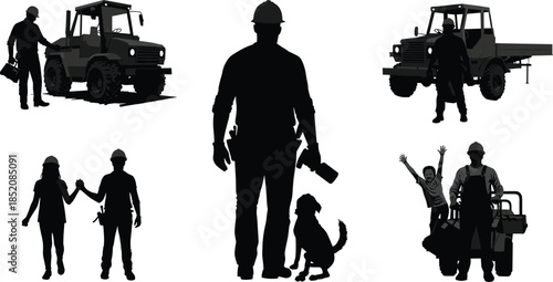 Construction worker silhouettes with vehicles, tools, family, and pets, occupational safety, labor force, infrastructure, teamwork, vector illustration