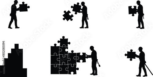 Construction worker silhouettes with puzzle pieces, teamwork problem solving, occupational safety, collaboration, project management concept, vector illustration