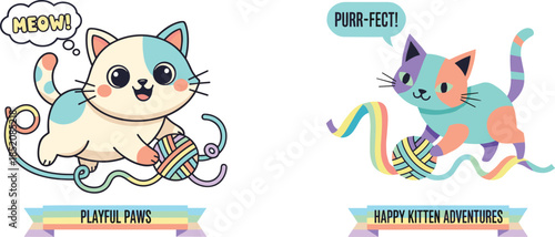 Cute cartoon kittens playing yarn, colorful kawaii cat illustration, playful nursery art