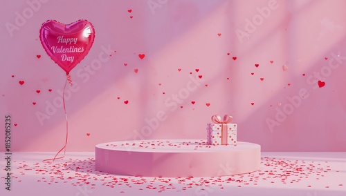 Pink Decorations With a Heart Balloon and a Gift for a Celebration on Valenti...
