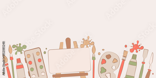 An advertising background with accessories for the artist: brushes, paints, easel, pencils. A banner template for an art workshop, studio, or store.