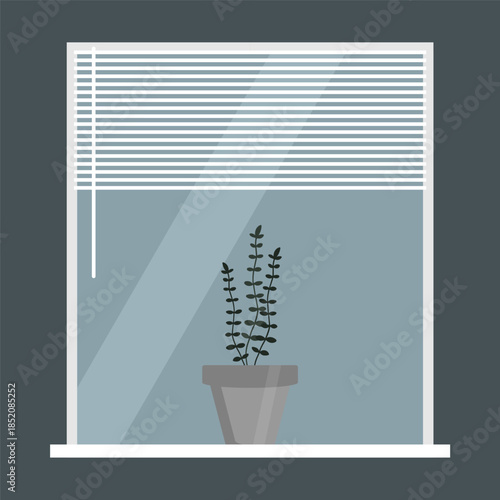 Minimalistic flat-style illustration of a potted houseplant on a windowsill, horizontal blinds.