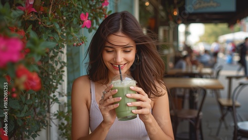 Woman Enjoys Green Smoothie at Outdoor Cafe Surrounded by Flowers in Summer