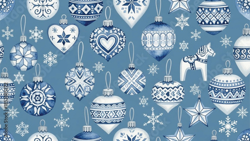 Blue Watercolor Scandinavian Christmas Ornaments Seamless Pattern with Snowflakes and Nordic Symbols