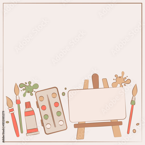 A background with accessories for the artist with brushes, paints, and an easel. A banner template for an art workshop, studio, or store.