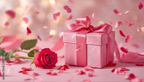 Gift Box With Ribbon and Rose Surrounded by Pink Petals on a Table Setting