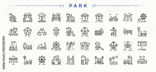 Park vector line icon set. Thin outline icons pack. Contains such symbols as garden, lake, outdoor, land. Art and illustration. Cityscape icon set.