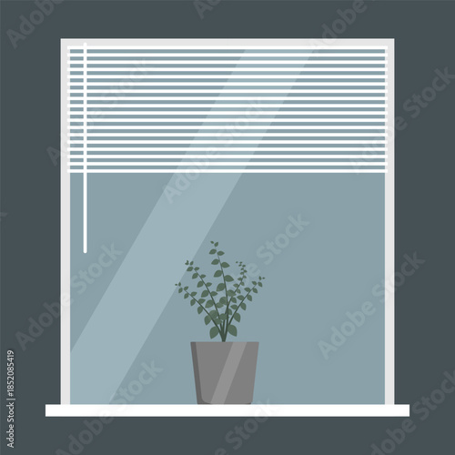 Cozy vector illustration of a green potted plant on the windowsill, with half-closed blinds creating soft striped patterns.