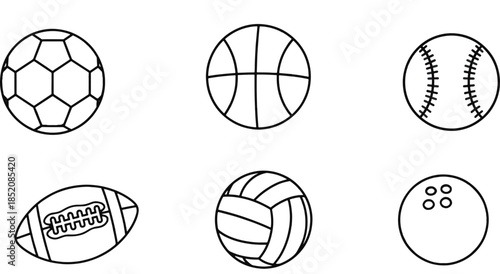 Collection of diverse sport balls outlines: soccer, basketball, baseball, football, volleyball, and bowling Vector
