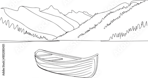  A simple, outline-style graphic symbolizing activities like fishing, camping, or hiking, as it features key elements of a wilderness environment (water, mountains, boat).