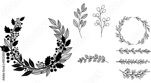 Collection of hand-drawn botanical elements and wreaths Vector