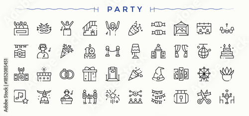 Set of Party line icon. Featuring festival, firework, entertainment, birthday, celebration, fun, entertain and more. Outline icons in linear style. Entertain icon set. Editable stroke vector art.