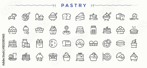 Pastry linear icon collection. Cookie set of line pictogram. Modern vector UI icons. Sweet icon set. Editable vector art and illustration.