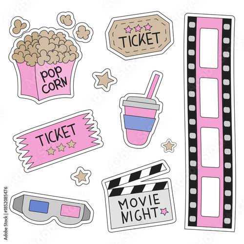 Movie stickers. Movie elements with film, popcorn, movie clapperboard, movie ticket, 3d glasses, soda cup for film festival or movie night.