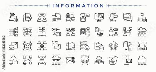Information line icon set. Data vector line icon set. Icons for application. Includes symbols for book, tech, mark, help, news, inform, data and more. Editable vector stroke.