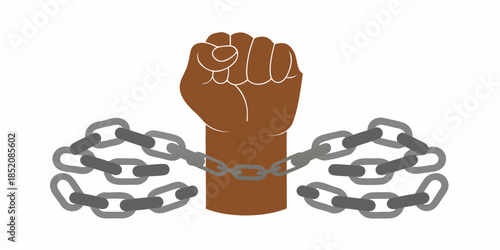A raised fist breaking free from chains symbolizing liberation and resilience