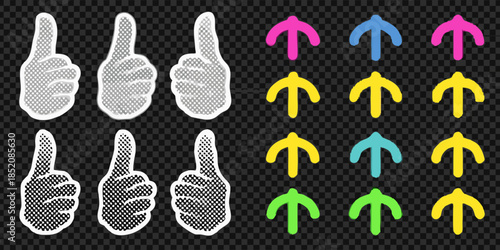 Thumbs up hand gestures and colorful arrows on a transparent background