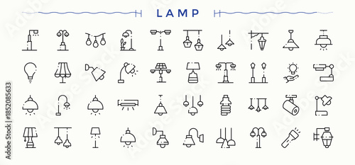 Lamp icon set. Modern linear icons. Includes thin line symbols bulb, electricity, idea, illumination, spotlight. Art and illustration. Light And Lamp icon set.